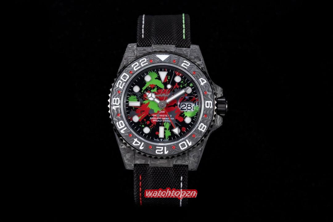 

JH watch is 40mmX12.4mm mens watches thick with cal.3186 movement made of sapphire glass mirror carbon fiber and super luminous powder Wristwatches, As picture