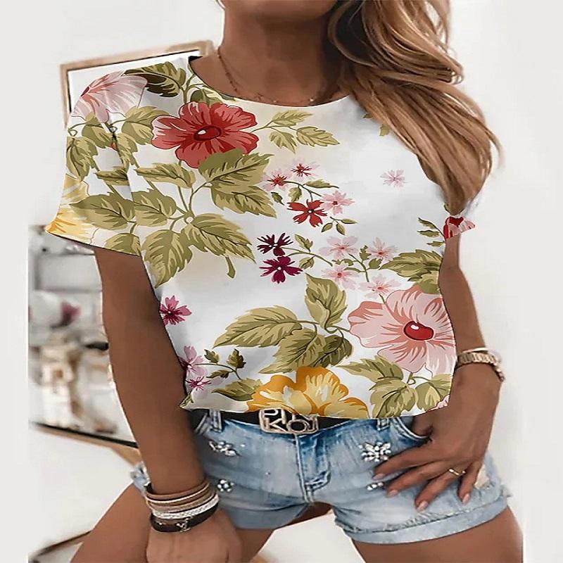 

Women's T Shirts Printing Abstract Pattern Fashion Clothing White Flower Print Top Summer Short SleevesWomen's, Meigui-25