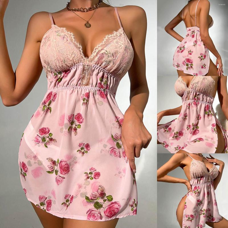 

Bras Sets Women's Sexy Lace Exotic Floral Printed Splicing Backless Seductive Lingerie Suspender Nightdress Housewear Underwear, Pink