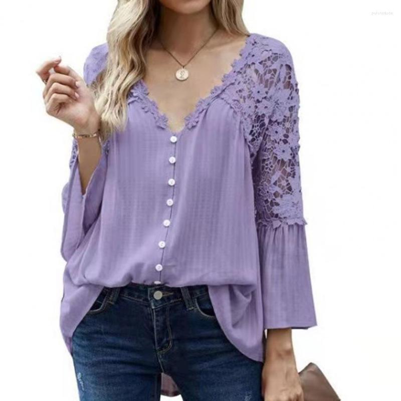 

Women' Blouses For Women V-neck 3/4 Flared Sleeve Solid Color Single Breasted Blouse Hollow Out Lace Stitching Loose Shirt Top, White