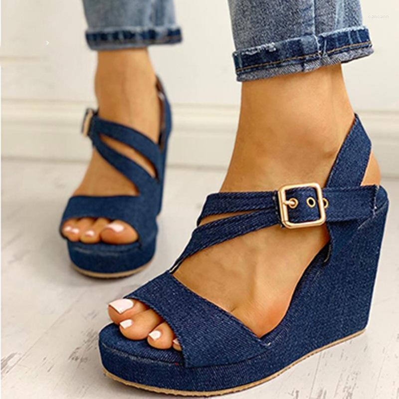 

Dress Shoes 2023 Sexy Wedge Women Sandals Retro High Heels Summer Peep Toe Buckle Ankle Strap Sandalias Female Rome Platform, Blue