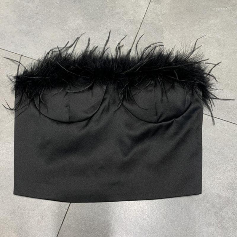 

Women' Tanks Satin Tube Top Feather Tassel Fashion Cropped For Women Sexy Backless Bustier Tank Tops With Bra Pad Vests Y3490, Black