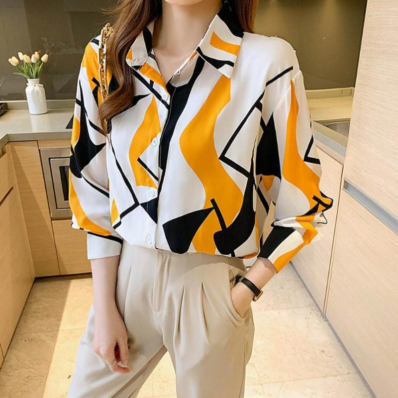 

Women' Blouses Women Shirt Turn-down Collar Long Sleeves Unique Pattern Loose-fitting Washable Button Up Blouse Clothing For Lady, Green
