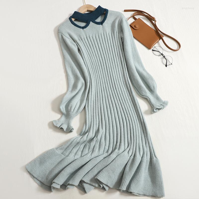 

Casual Dresses Hikigawa Chic Fashion Women Elagant Hollow Design Collar Ruffled Knit Autumn Loose Fit Bottoming Mermaid Vestidos Mujer, Light green