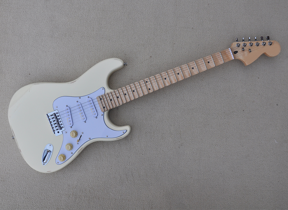 

6 Strings Cream Relic Electric Guitar with Scalloped Maple Fretboard SSS Pickups White Pickguard Can be customized
