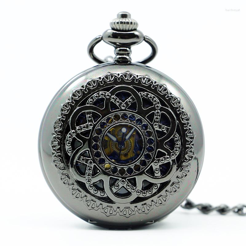 

Pocket Watches Vinatge Bronze Hollow Flower Case Blue Roman Number Skeleton Dial Hand-wind Mechanical Fob With Chain PJX1240, Picture shown