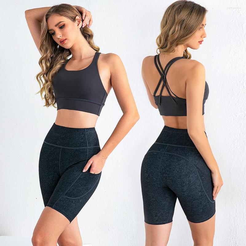 

Active Sets Seamless 2 Piece Set Women Yoga Workout Sport Pants Bra Gym Short Crop Top High Waist Pocket Sexy Running Leggings Cycling, Black