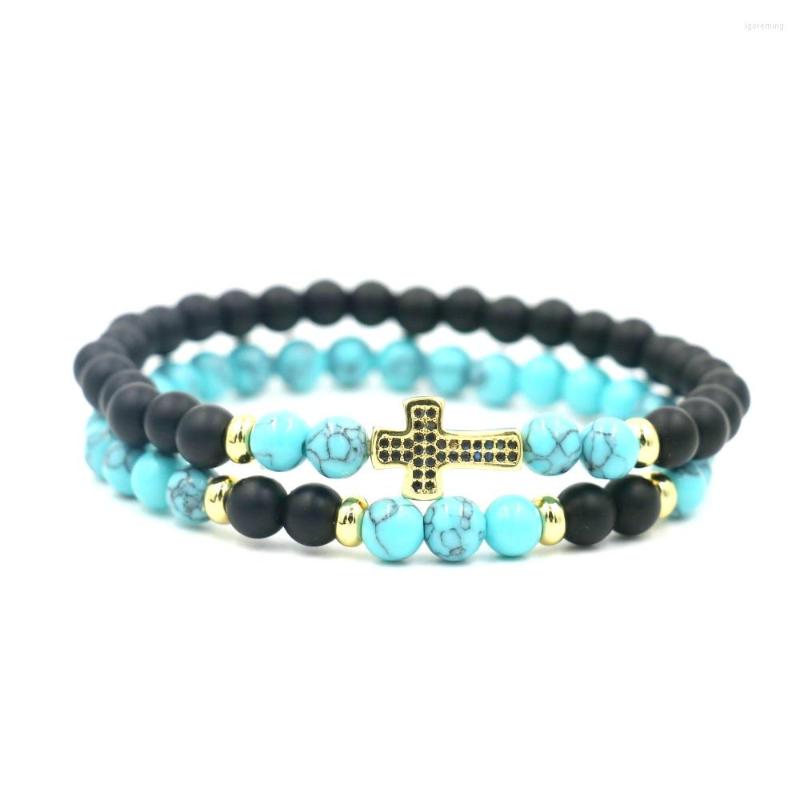 

Strand 2Pcs/Set Natural Stone 6 Mm Beaded Cross Bracelets For Men Women Yoga Jewelry