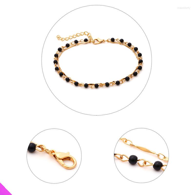 

Anklets Wholesale 5 Pieces Of Black Acrylic Beaded Double Layer Anklet Sweet Romantic Fashion Girls Jewelry 2023 Summer 2 Colors