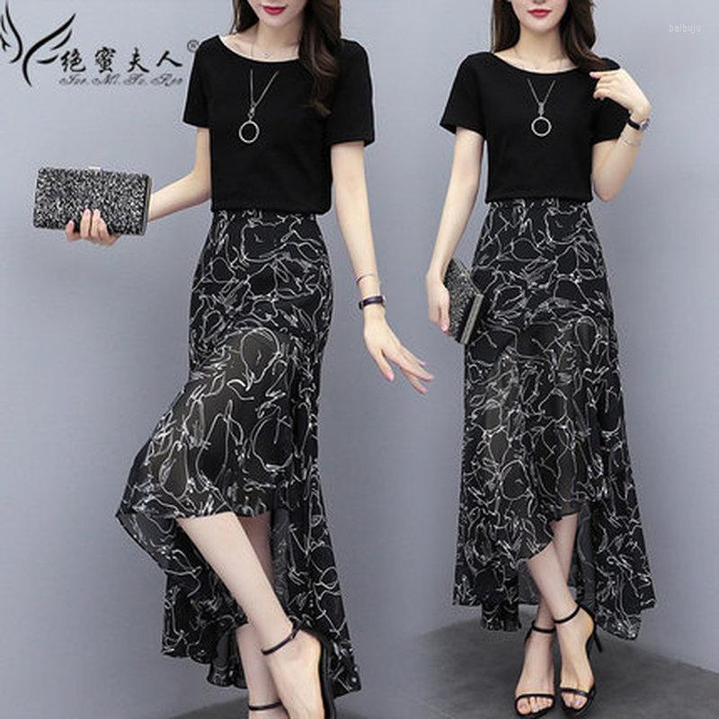 

Work Dresses 2023 Summer Fashion Ladies Chiffon Korean Version Of The Thin Temperament Print French Two-piece Skirt