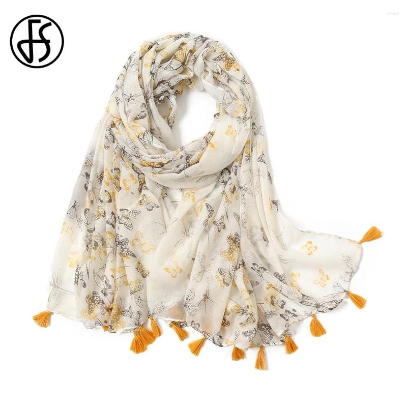 

Scarves FS Winter Japan Korea Sweet Yellow Butterfly Print Women Hijab Scarf Gentle Elegant Fashion Warm Cotton Linen Shawl 2023