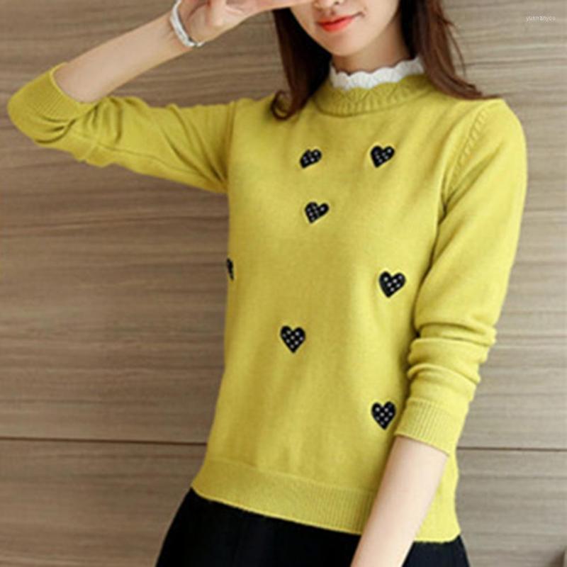 

Women's Sweaters Korean Style Long Sleeve Ribbed Trim Slim Fit Pullover Sweater Women Fall Winter Lace Collar Embroidered Heart Print, Black