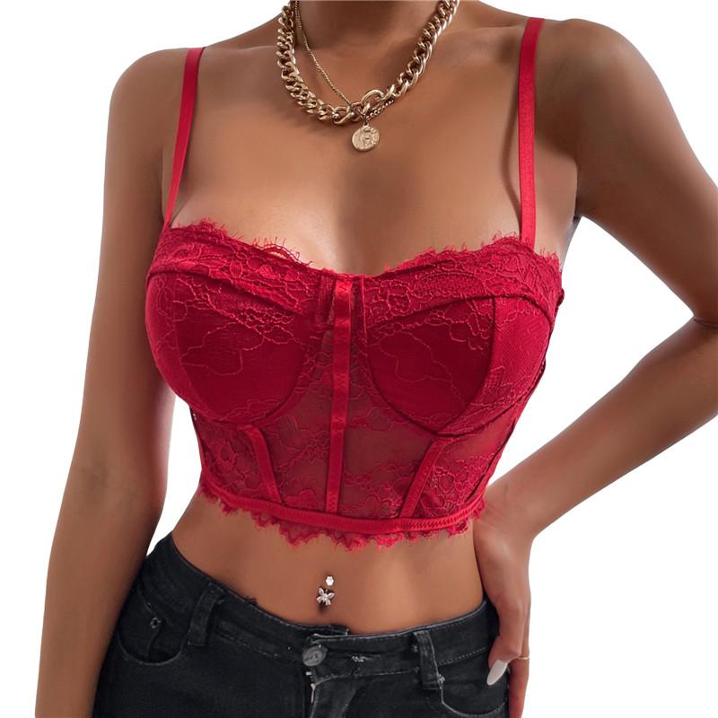 

Women's Tanks & Camis Ladies Summer Mesh Midriff-baring Camisole Tops Women Sexy Floral Embroidery Lace Splicing Low Cut Backless Crop Corse, Red