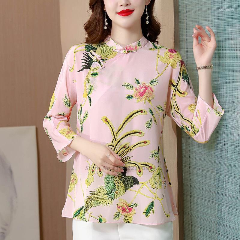 

Ethnic Clothing 2023 Traditional Chinese Vintage Qipao Tops National Flower Print Chiffon Blouse Elegant Oriental Tang Suit Retro