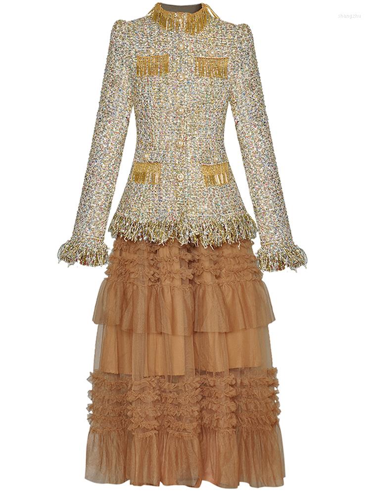 

Work Dresses Runway Designer Autumn Beading Tassel Tweed Tops Mesh Skirt Fashion High Quality Casual Party Vintage Elegant Women' Set, Multi