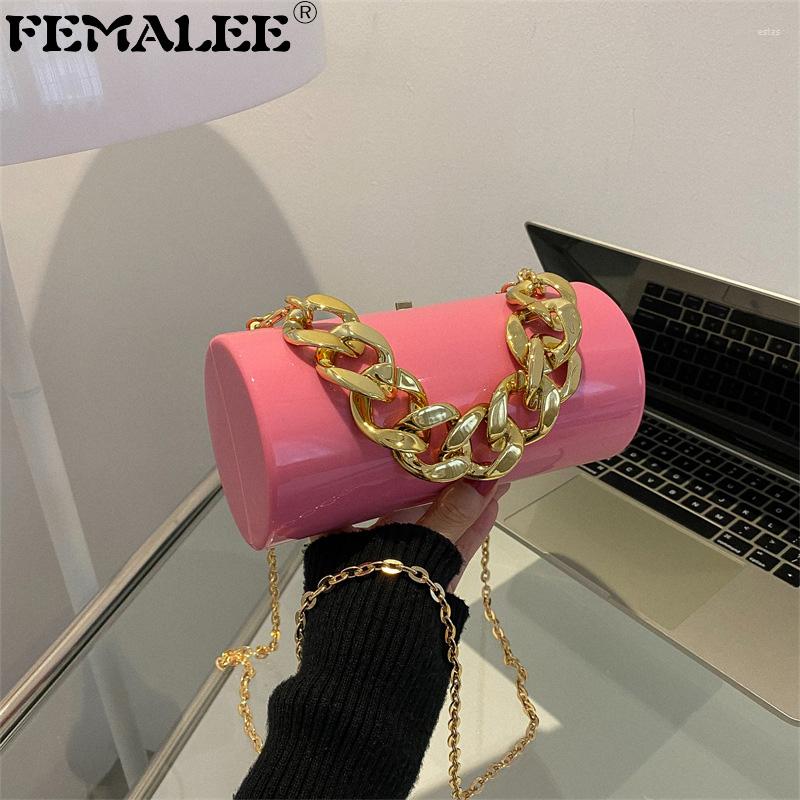 

Evening Bags Fashion Women PVC Barrel-shaped Bag Thick Chains Shoulder Small Acrylic Totes Dinner Makeup Clutch Cylindrical, Black