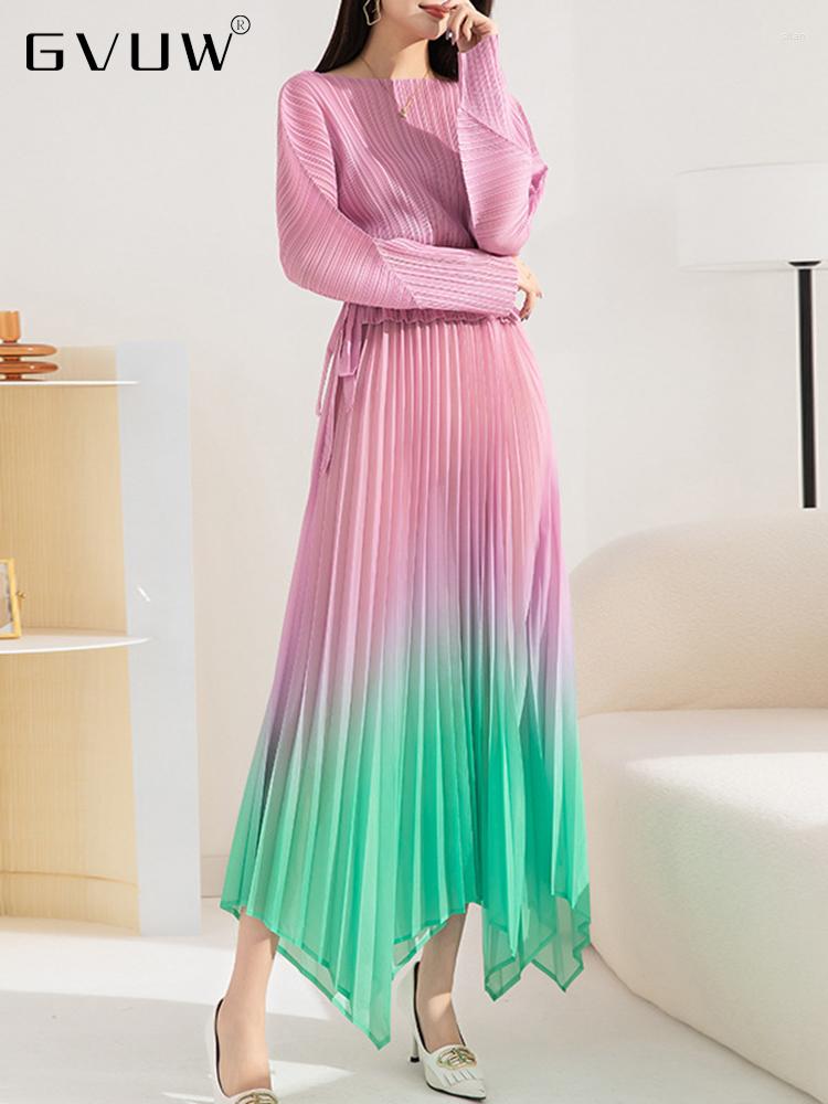 

Casual Dresses GVUW Gradient Pleated Elegant Dress Lady 2023 Spring Drawstring Waist Slash Neck Long Sleeve Party For Women 17G1048, Green