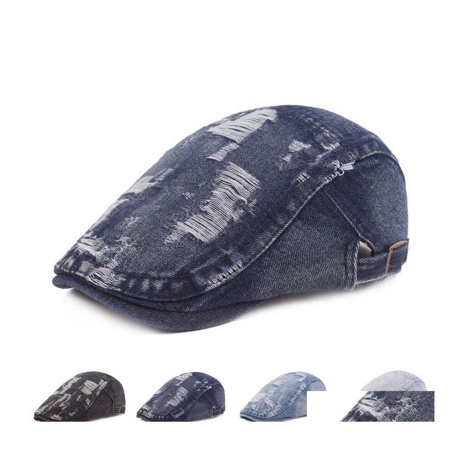 

Berets Fashion Hole Cowboy Hats For Men Retro Denim Sboy Hat Unisex Casual Cotton Beret Cap Hip Hop Flat Drop Delivery Accessories S Otqmp, Customize