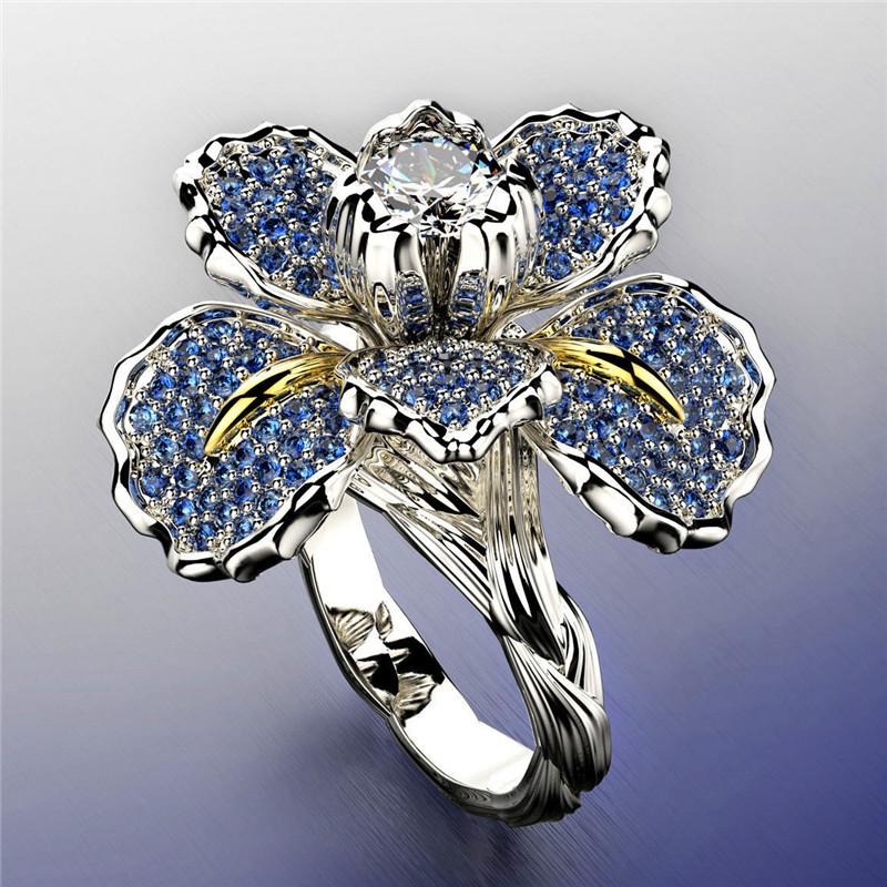 

Cluster Rings Luxury Female Big White Blue Flower Ring Charm Crystal Zircon Stone Engagement Elegant Gold Color Wedding For WomenCluster