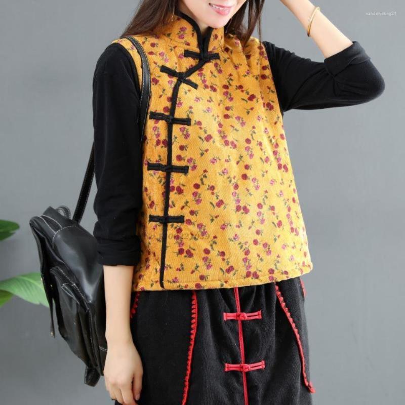 

Ethnic Clothing 2023 Flower Print Sleeveless Padded Jacket Women Tang Suit Tops Chinese Retro Corduroy Thicken Vest Traditional Vintage