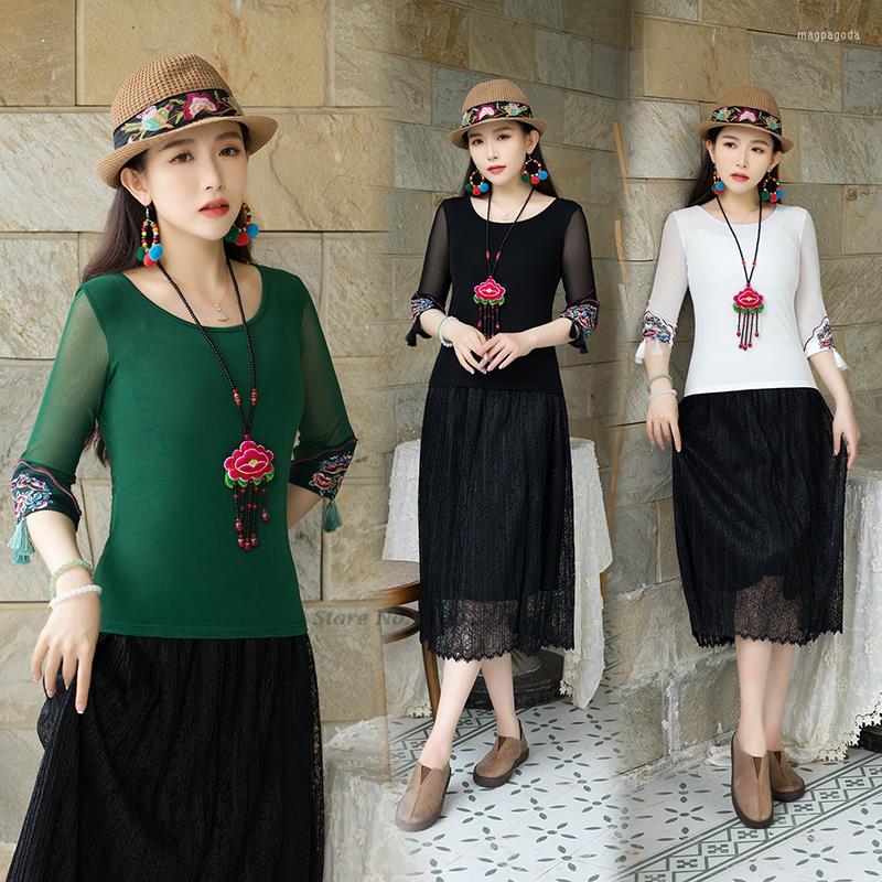 

Ethnic Clothing 2023 Flower Embroidery National Style T-shirt Women Vintage Elegant Traditional Hanfu Tops Chinese Tang Suit Retro Mesh