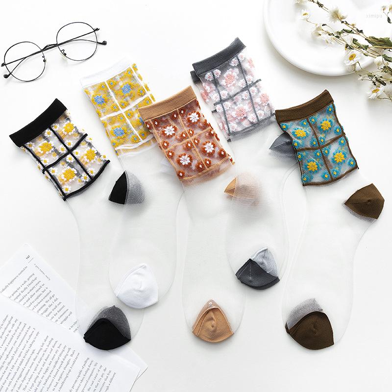 

Women Socks 1 Pair Summer Transparent Casual Floral Print Middle Tube Thin Polka Girls Comfortable Breathable