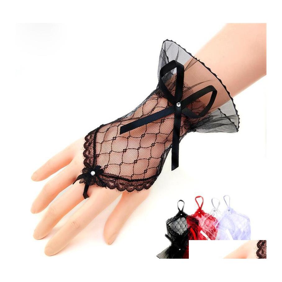 

Fingerless Gloves Trendy White Black Red Color Bride Party Sexy Lace Short Bow Glove For Women Drop Delivery Fashion Accessories Hat Otp4E