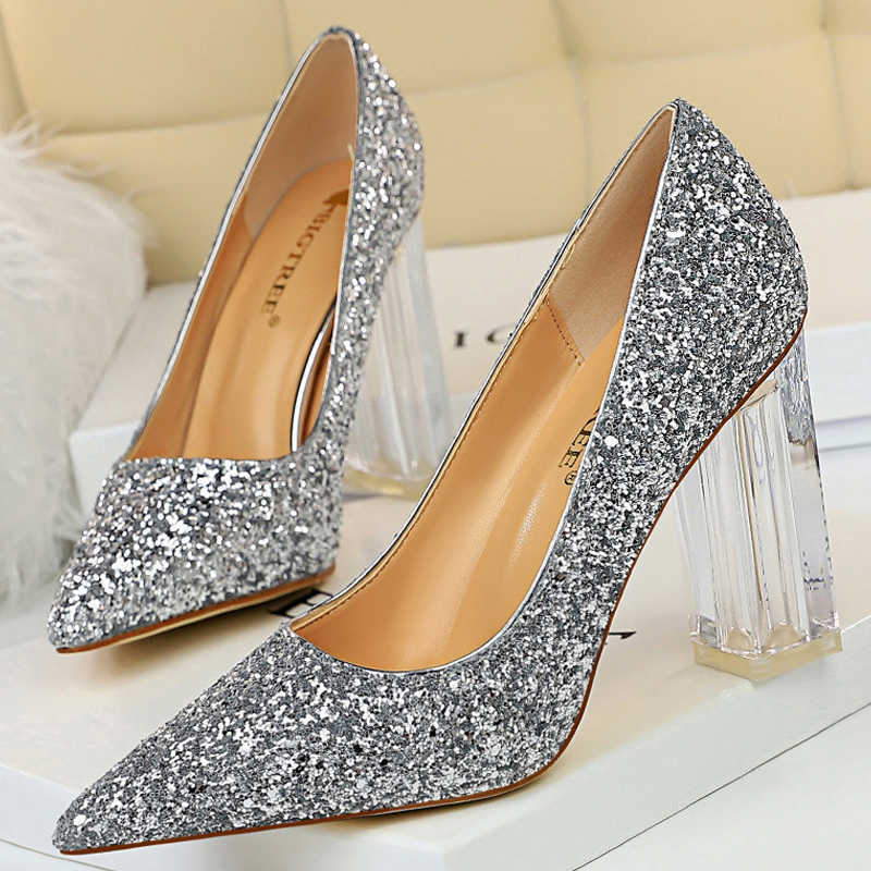 

Dress Shoes BIGTREE Shoes Transparent Heels Women Pumps Sequins Wedding Shoes Square Heels Women Shoes Crystal Heel Sexy Heeled Shoes 2021 G230203, White