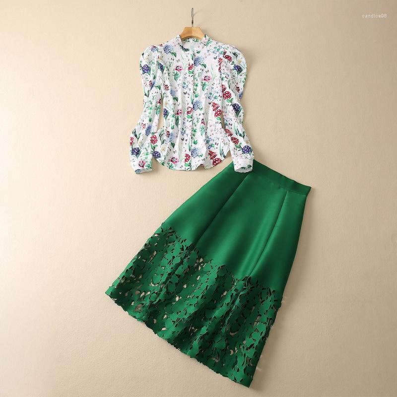 

Work Dresses Two Piece Sets 2023 Spring Summer Fashion Skirt Suits High Quality Clothing Women Floral Print Shirts Hollow Out Green, Picture shown
