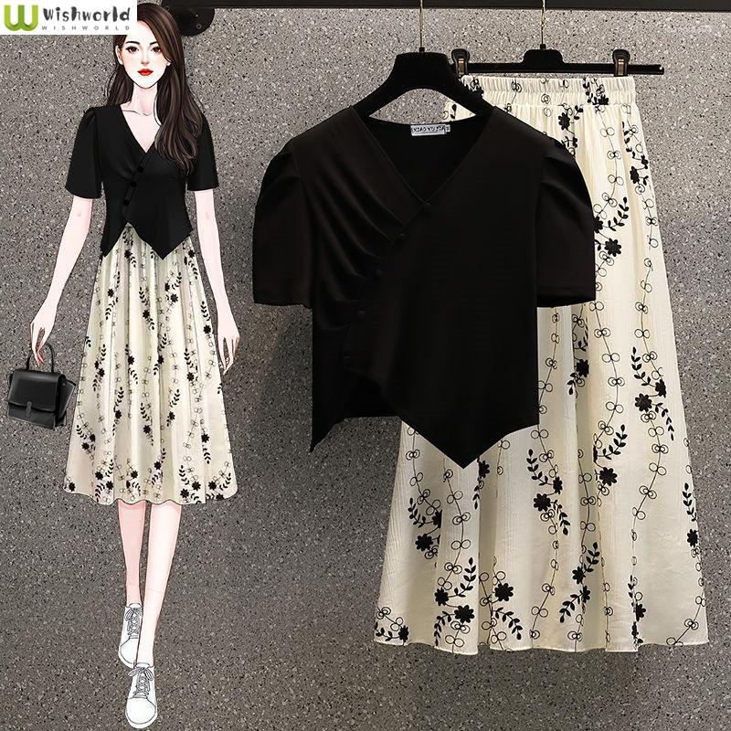

Work Dresses Large Summer Women' Suit 2023 Korean Fashion Waist Closing Slim Irregular Short Sleeve Printed Skirt Two Piece, Black top