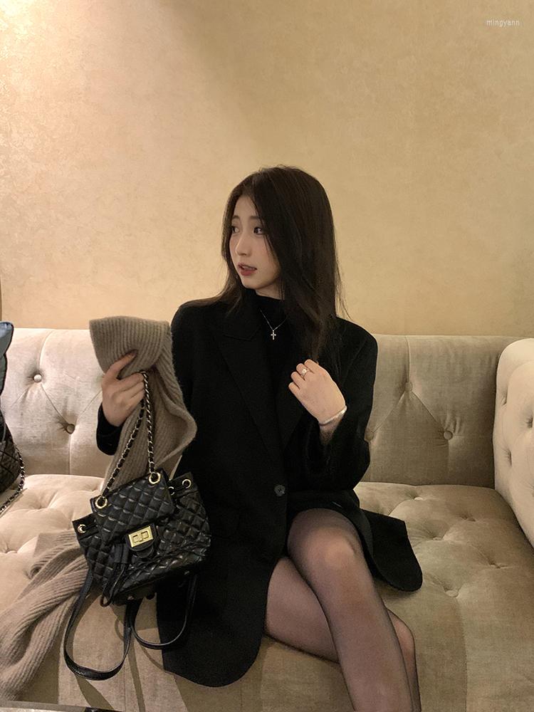 

Women's T Shirts GWW1118 Autumn And Winter Korean Version 2023 Loose Fashion Woolen Lapel Long Sleeve Suit Coat Woman Chic, Black