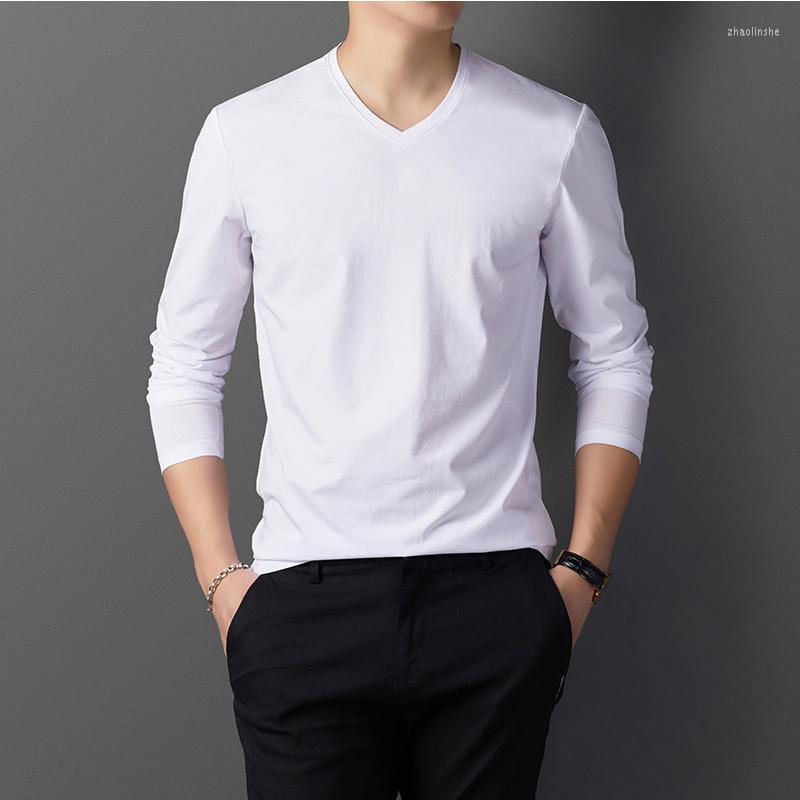 

Men's T Shirts Long Sleeve Autumn Base Coat European And American Simple Top V-neck Solid Color High Quality T-shirt, Black