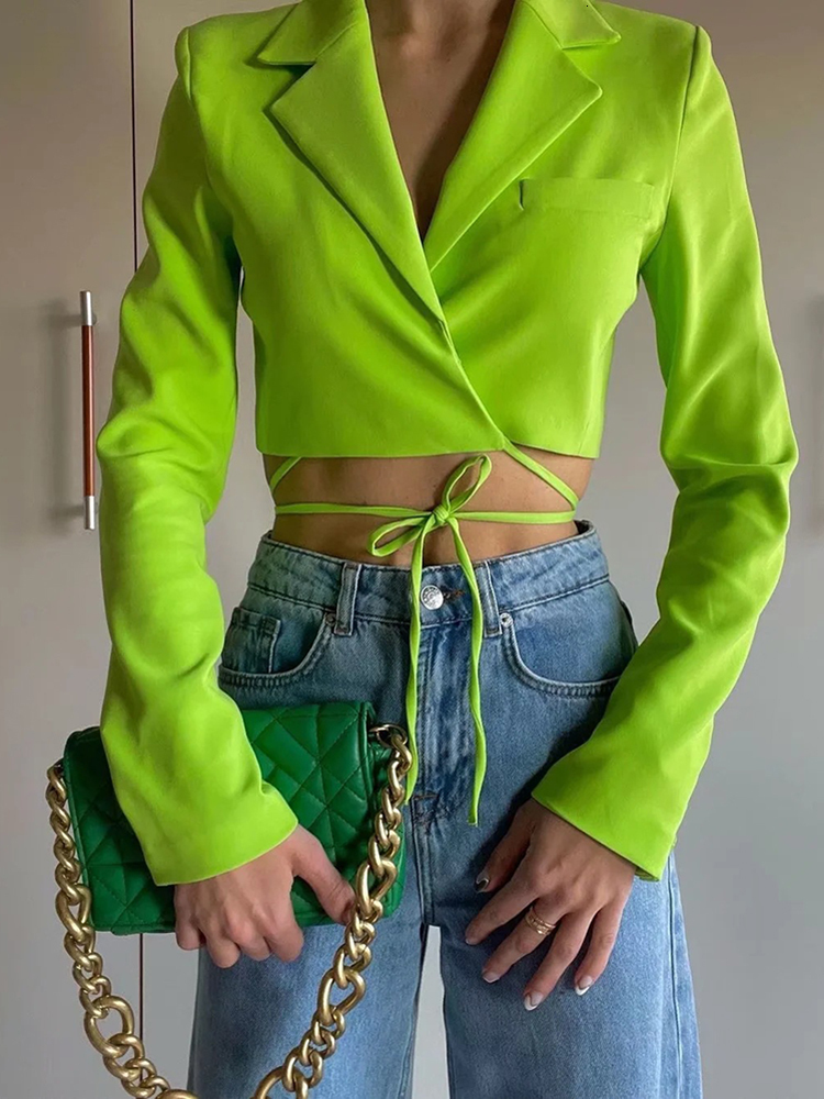 

Two Piece Dress Taruxy Blazer Crop Skirt Set Women Long Sleeve Lace Up Blazer Tops And Pencil Skirts Elegant Office Suit 2 Piece Sets Outfits 230203, Green skirt