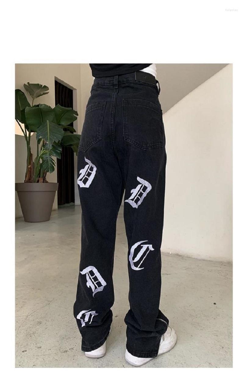 

Women' Pants Oversized Straight Casual Loose High Waist Y2K Street Vintage Printed Pocket Clothes Size Set Park Button Punk, Black