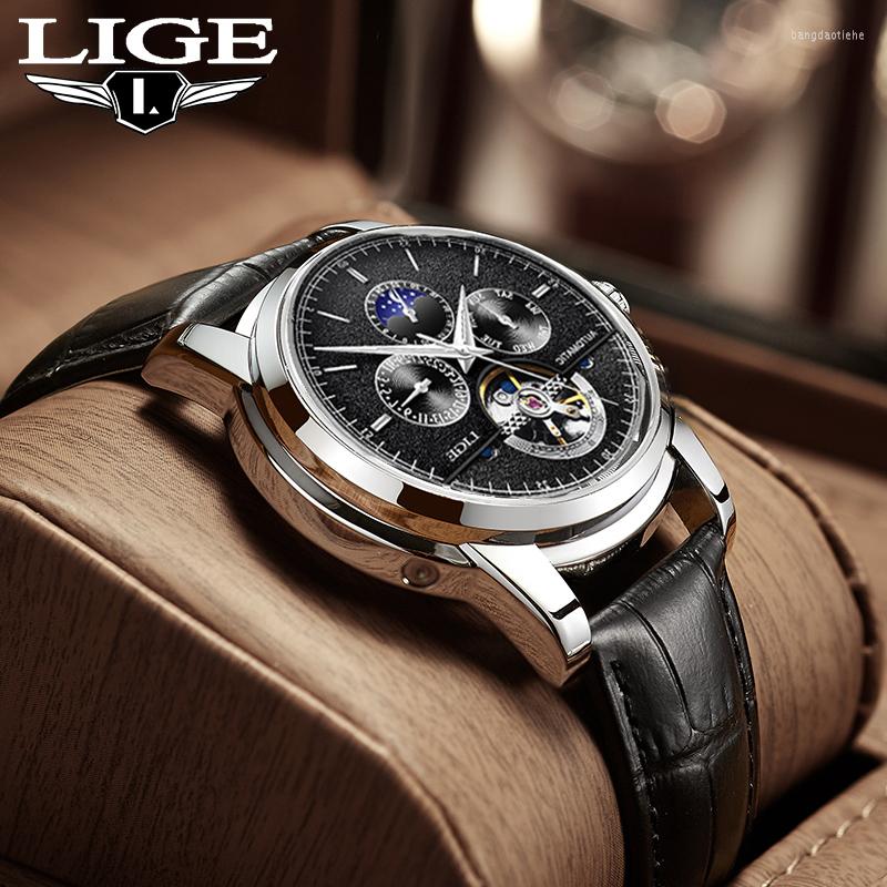 

Wristwatches LIGE Mens Luxury Original Brand Watches Men Skeleton Tourbillon Mechanical Automatic Analog Watch For Man Waterproof Bracelet, Brown rose blue
