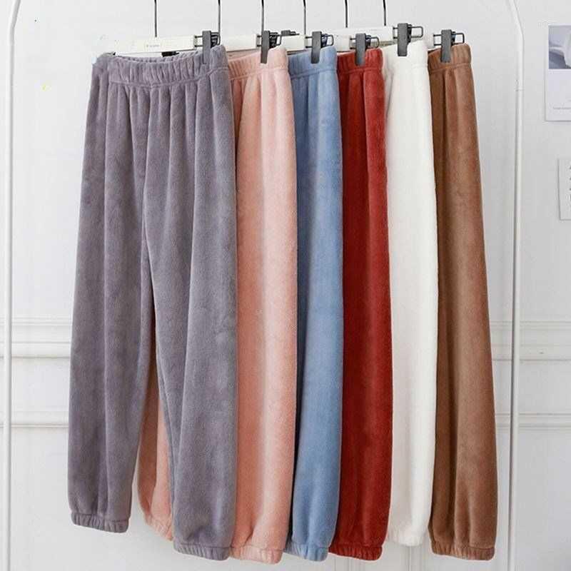 

Women's Sleepwear Winter Women Warm Flannel Pajamas Pants Coral Fleece Bottoms Casual Long Solid Color Home Style Nightwear, Gray