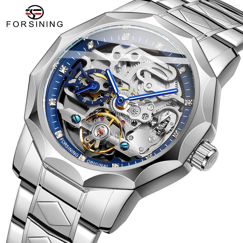 

Wristwatches Forsining Luxury Diamond Skeleton Men Automatic Mechanical Watch Fashion Waterproof Stainless Steel Business Men's, Gold