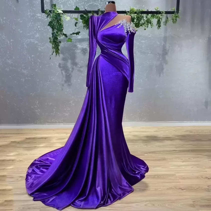 

New Sexy Mermaid Purple Evening Dresses With Beaded Crystals Long Sleeve Velvet Satin Party Occasion Gowns Pleats Ruffles Prom Dress Wears BC12851, White