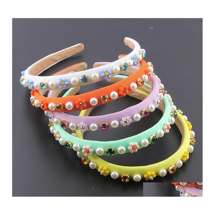 

Headbands Fashion Milk Silk Fabric Inlaid With Rhinestones Flowers Pearls Girls Hair Bands Women Street P Ography Accessories Drop D Dhszv