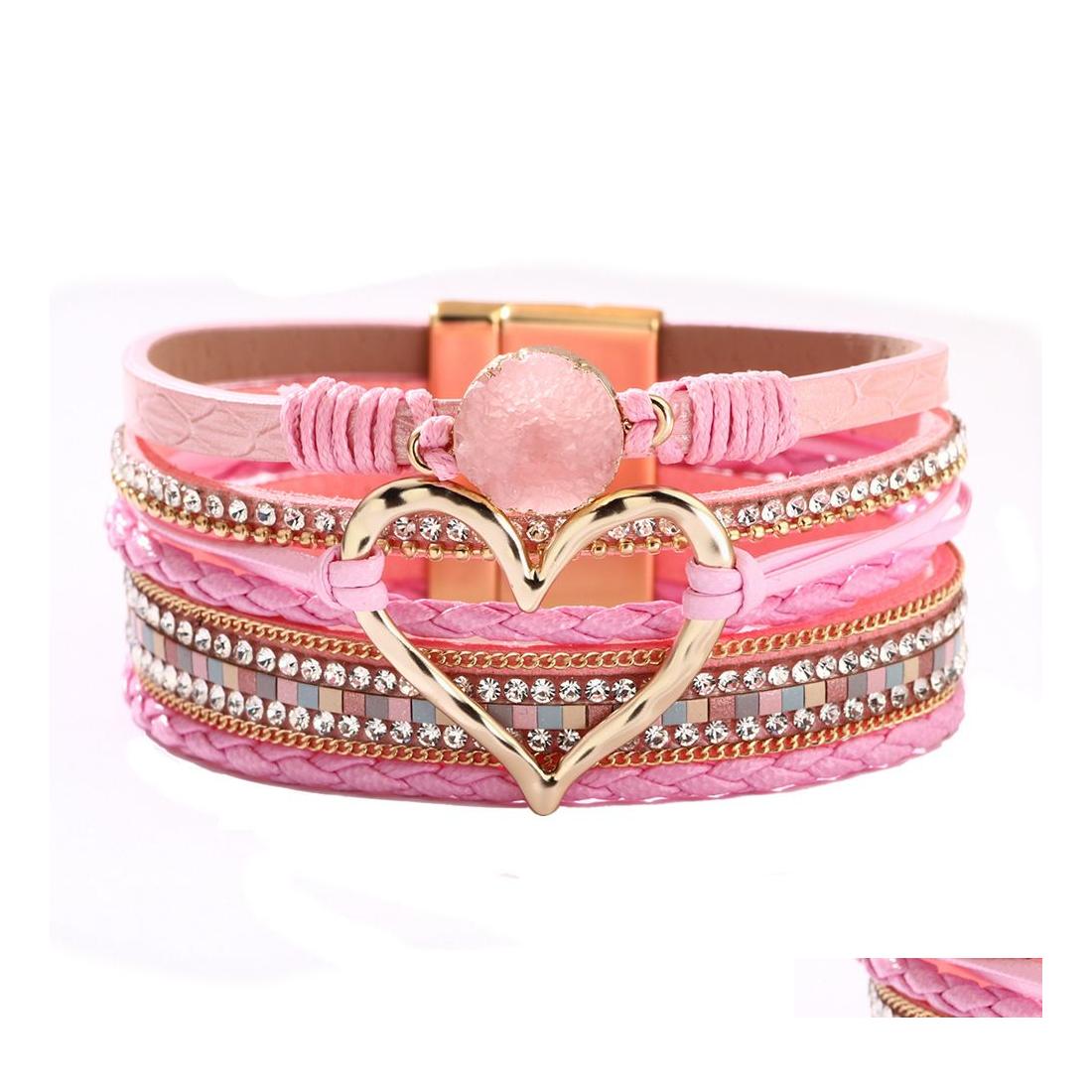 

Charm Bracelets Fashion Jewelry Pu Leather For Women Handwoven Hollowed Heart Rhinestone Mtilayer Bracelet Drop Delivery Dhyfb