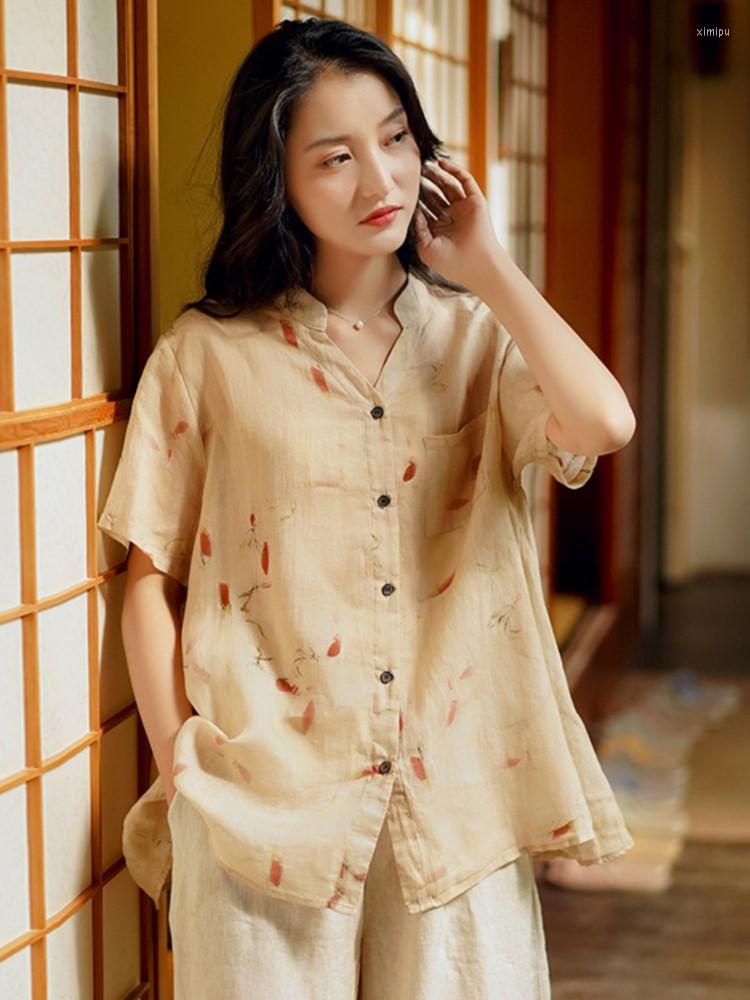 

Women's Blouses Women's Printed Floral Shirts And Tops Stand Short Sleeve Ramie Button 2023 Summer Original Vintage Shirt Clothing, Color 3