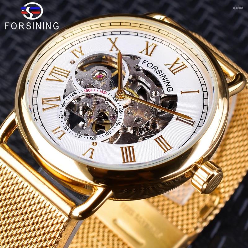 

Wristwatches Forsining 2023 Mens Mechanical Watches Top Classic Golden Mesh Band White Small Dial Waterproof Skeleton Clock, Gmt1124-4
