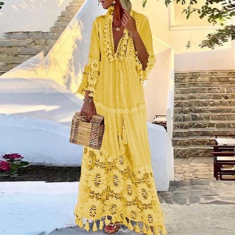 

Casual Dresses Women' Clothing Spring And Autumn Dress Bohemian Lace Fringe Stitching Beach Resort Temperament Long Ladies Skirt WE189, 01