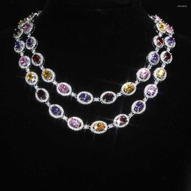

Chains 2023 Fashion Iced Out 16'' 18'' Oval CZ Crystal Charm Rainbow Long Necklace For Women Luxury Hip Hop Party Wholesale