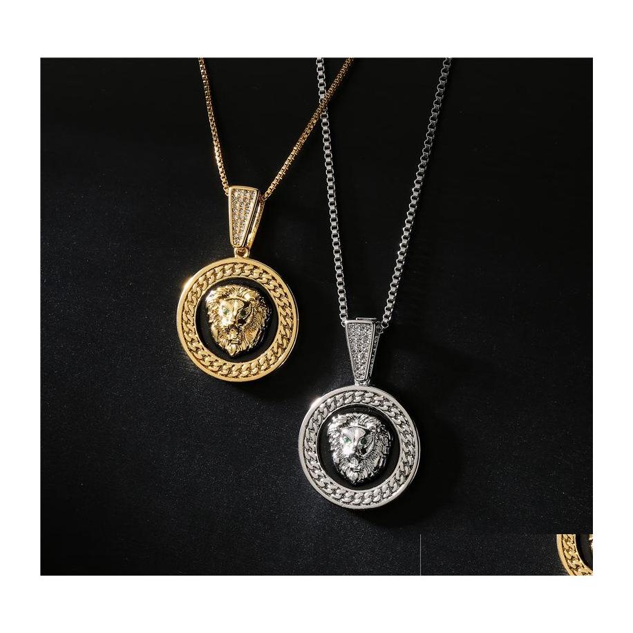 

Pendant Necklaces Fashion Jewelry Drop Glaze Lion Head Necklace Zircon Inlaid Copper 18K Gold Plated Hip Hop Delivery Pendants Dh6Pv
