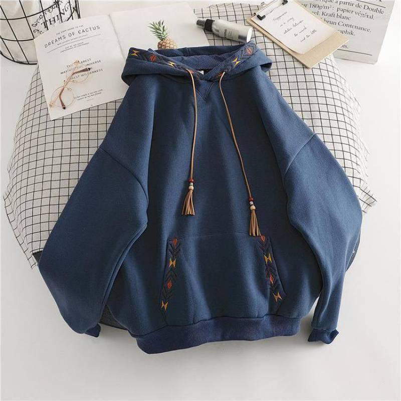 

Women's Hoodies Autumn And Winter Printing Women Sense Of Design Large Thick Coat Splicing Loose V-Neck Hoodie, Blue