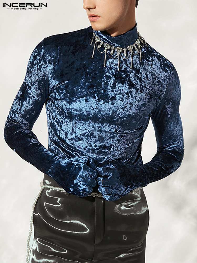 

Men's T-Shirts Men T Shirt Velour Turtleneck Long Sleeve Gloves Cozy Men Clothing Streetwear Solid Color Autumn Casual Camisetas INCERUN 230203, Blue