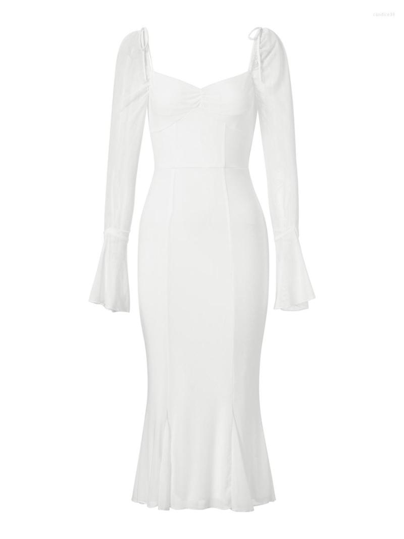 

Casual Dresses Caoirhny Women Spring Autumn Skinny Dress White Long Sleeve Low Cut Flared Hem Sling
