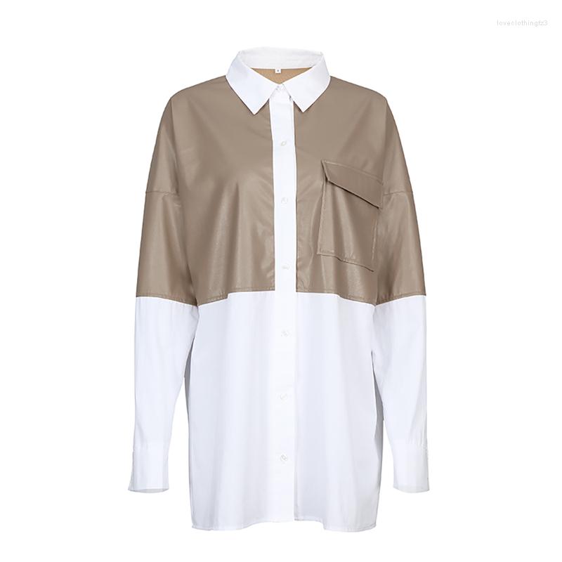 

Women' Blouses 2023 Pu Leather Cotton Patchwork Blouse Women Loose Pocket Mini Shirt Dress Female Casual Long Shirts Tops Fashion Clothing, Khaki