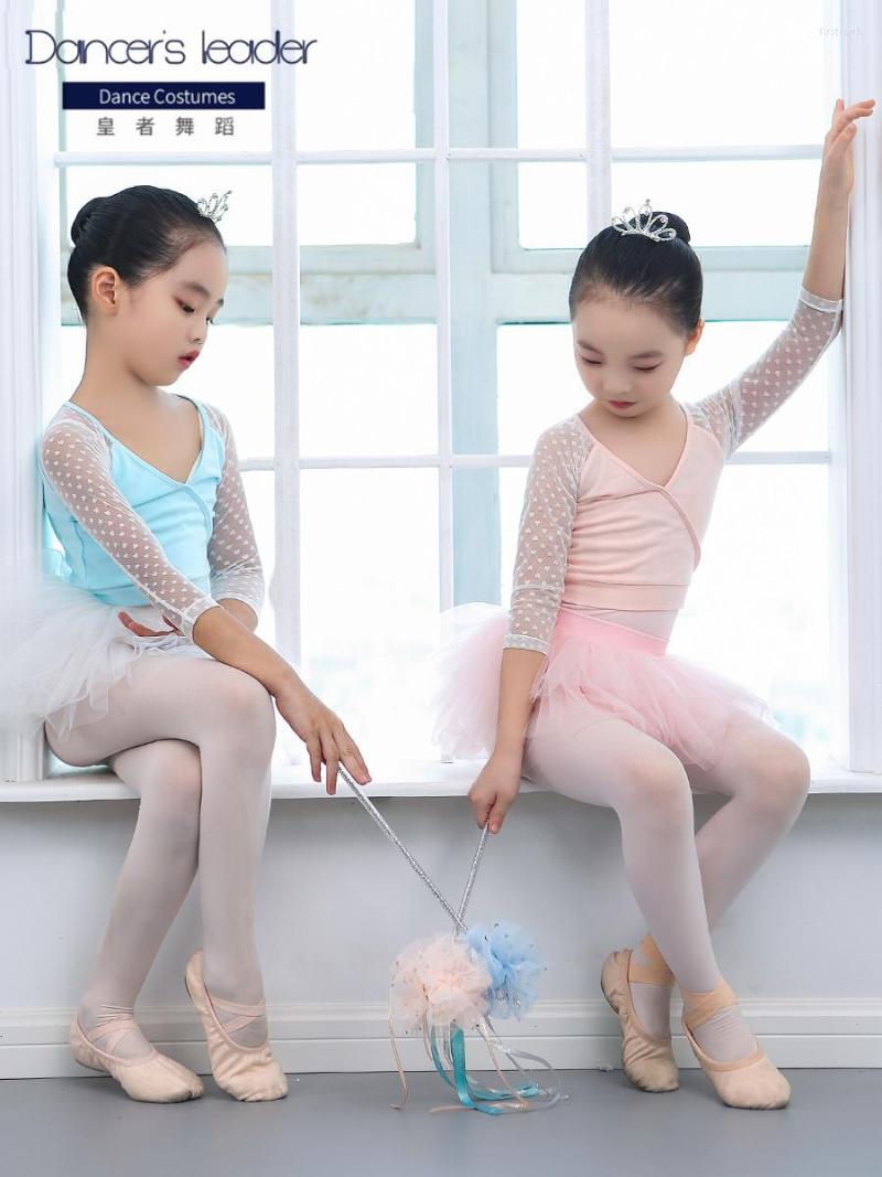 

Stage Wear Children's Ballet Polka Dot Gauze Long Sleeve Practice Clothes Gymnastics Leotard Girls Performance, Blue